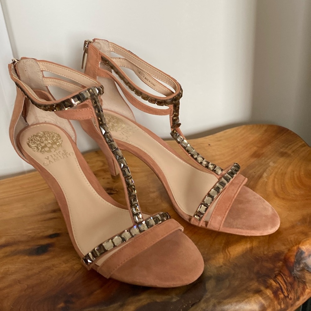 Vince Camuto Strappy Heeled Rhinestone Embellished Leather Sandals - Picture 2 of 9